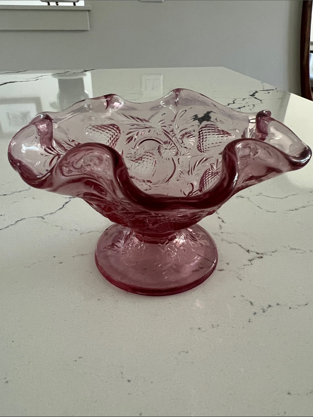 Fenton Pink Strawberry Ruffled Pedestal Bowl
